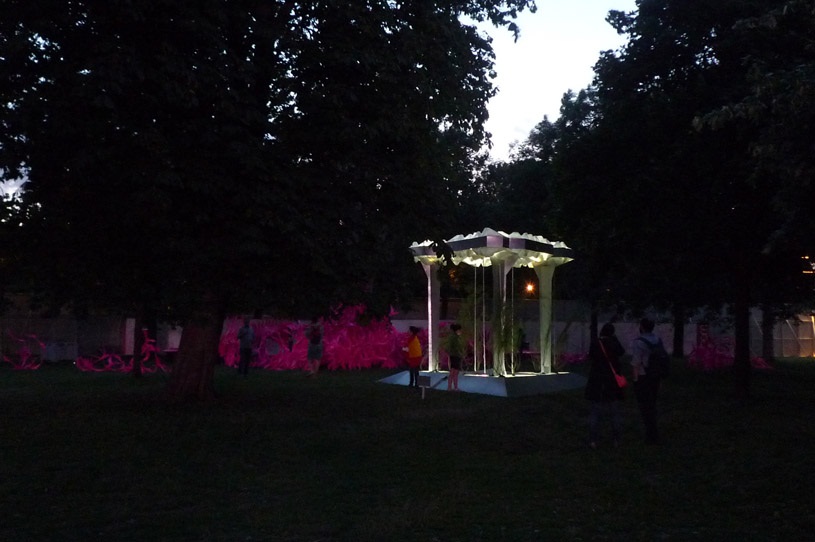 Archisearch - Public space installation - steel canopy, columns, base, hydraulic pumps, plexiglass containers with salt, turf, water, halophyte plants.